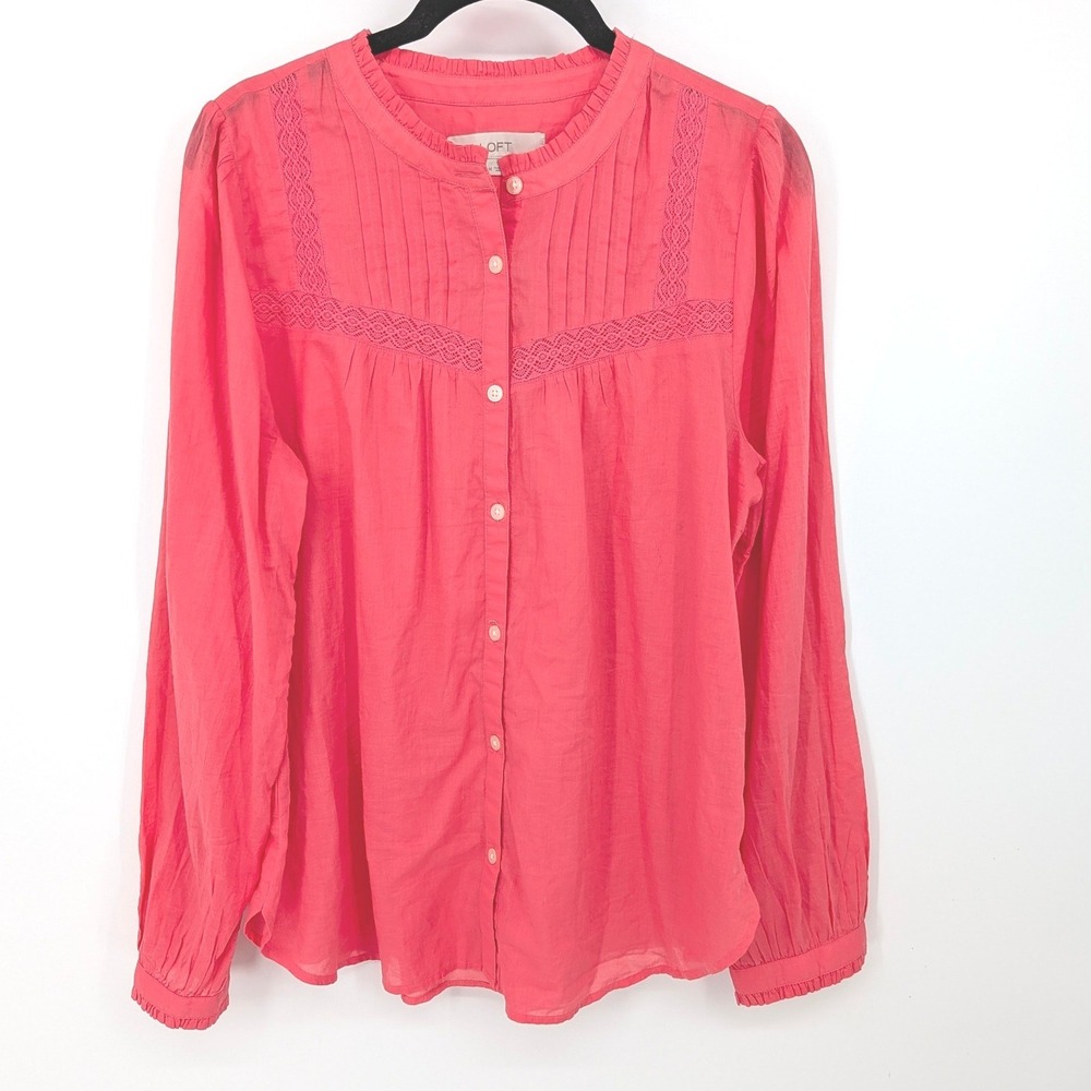 LOFT Button‎ Down Top Womens Medium Coral Pink Lace Pintuck Cotton Cottagecore
